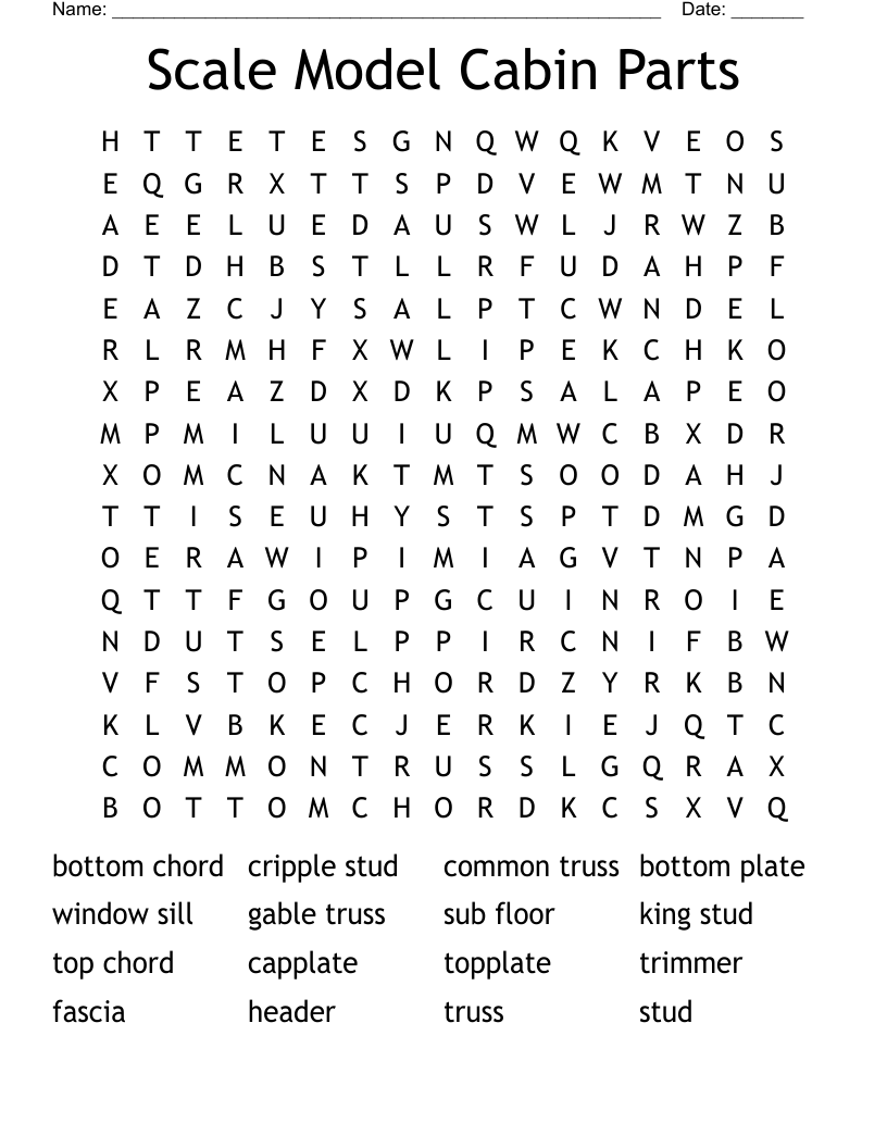 Scale Model Cabin Parts Word Search