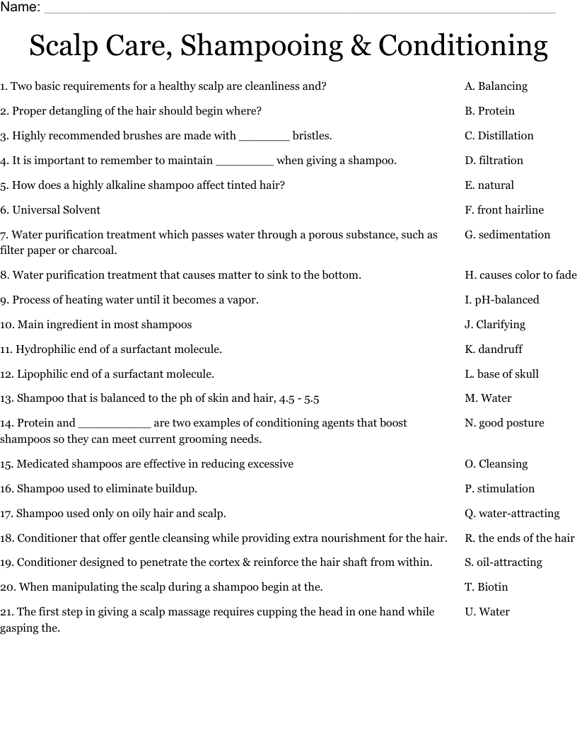 Scalp Care, Shampooing & Conditioning Worksheet