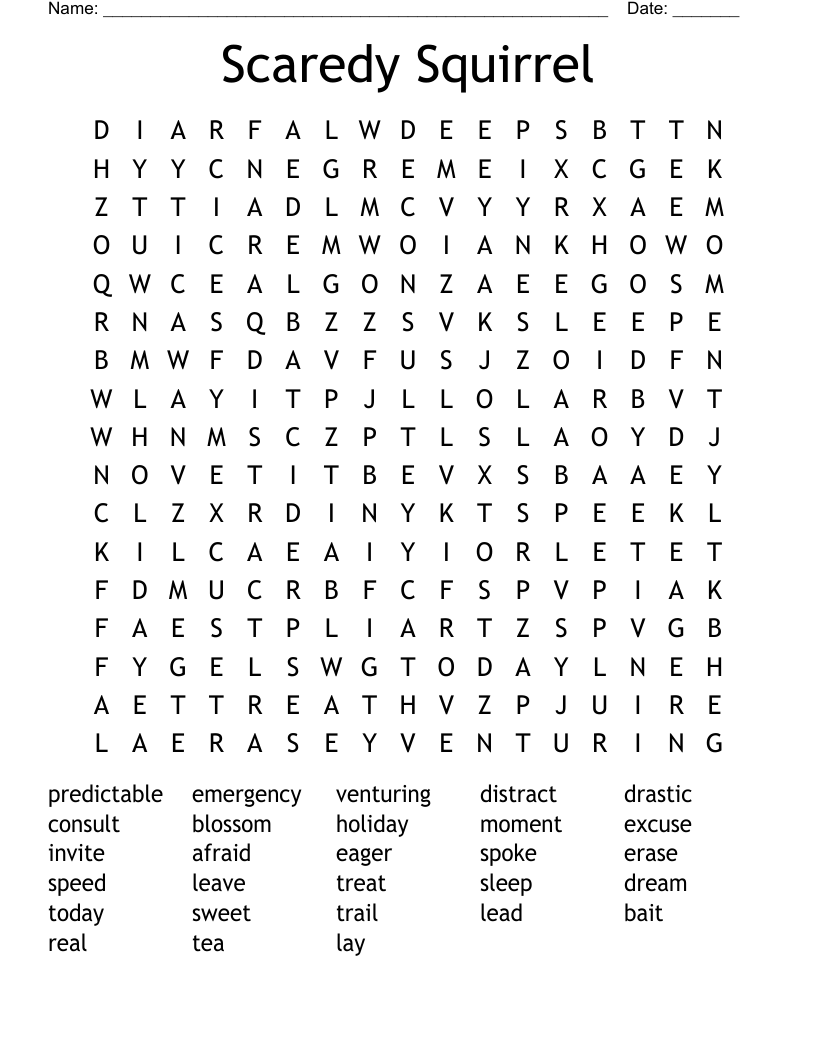Scaredy Squirrel Word Search