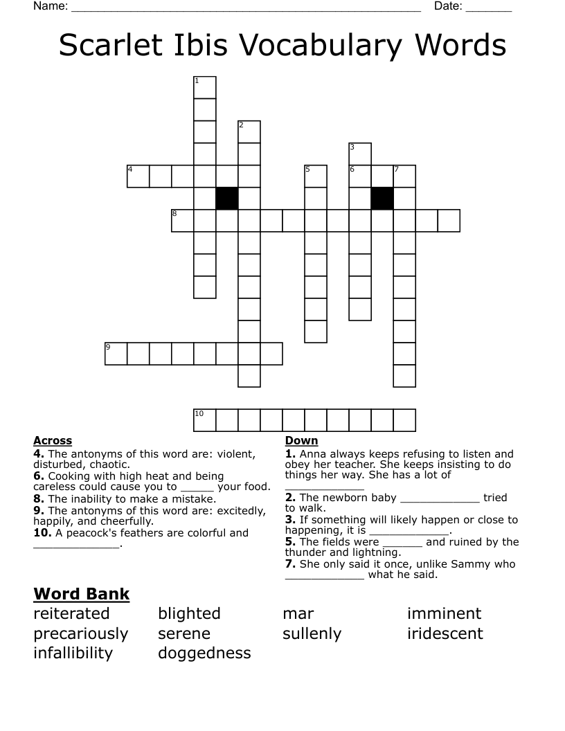 Scarlet Ibis Vocabulary Words Crossword