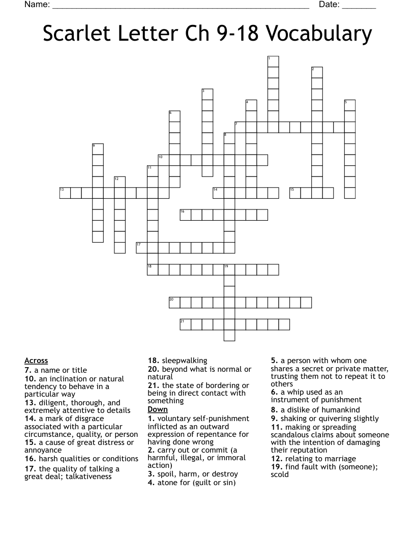 Scarlet Letter Ch 9-18 Vocabulary Crossword