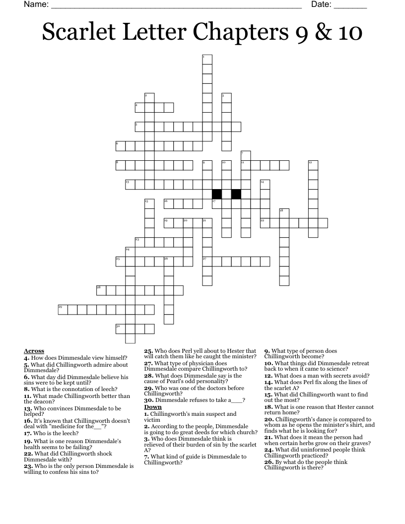 Scarlet Letter Chapters 9 & 10 Crossword