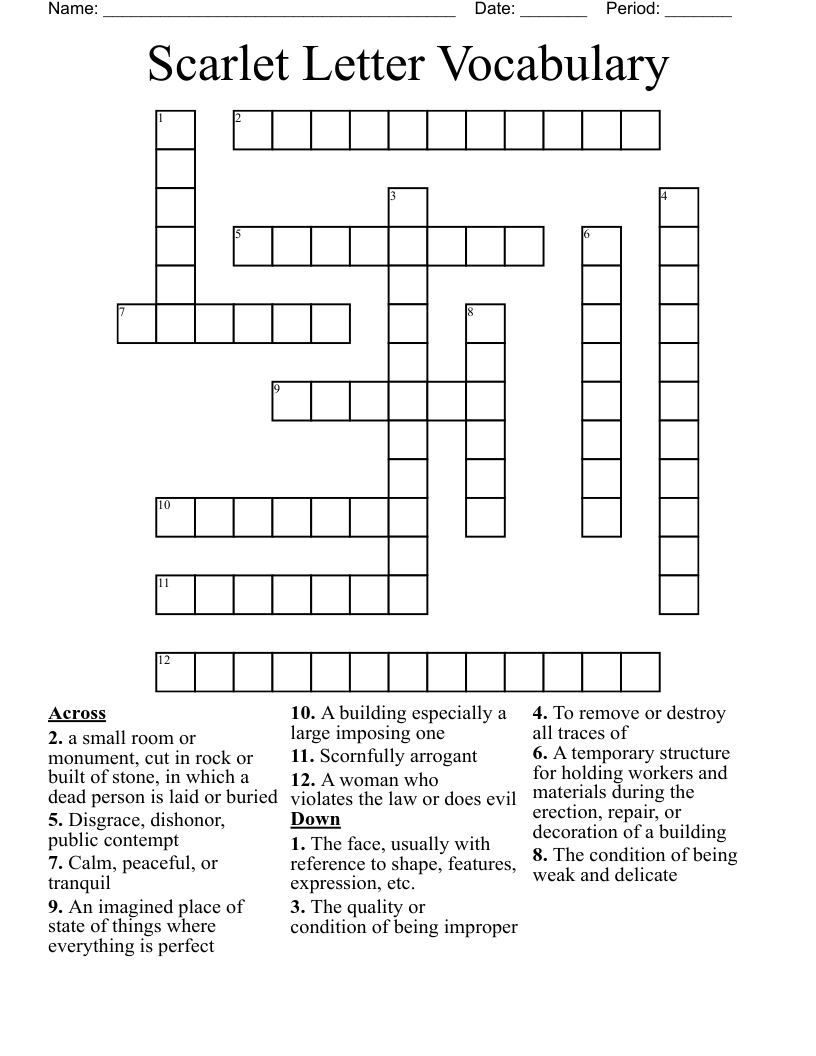 Scarlet Letter Vocabulary Crossword