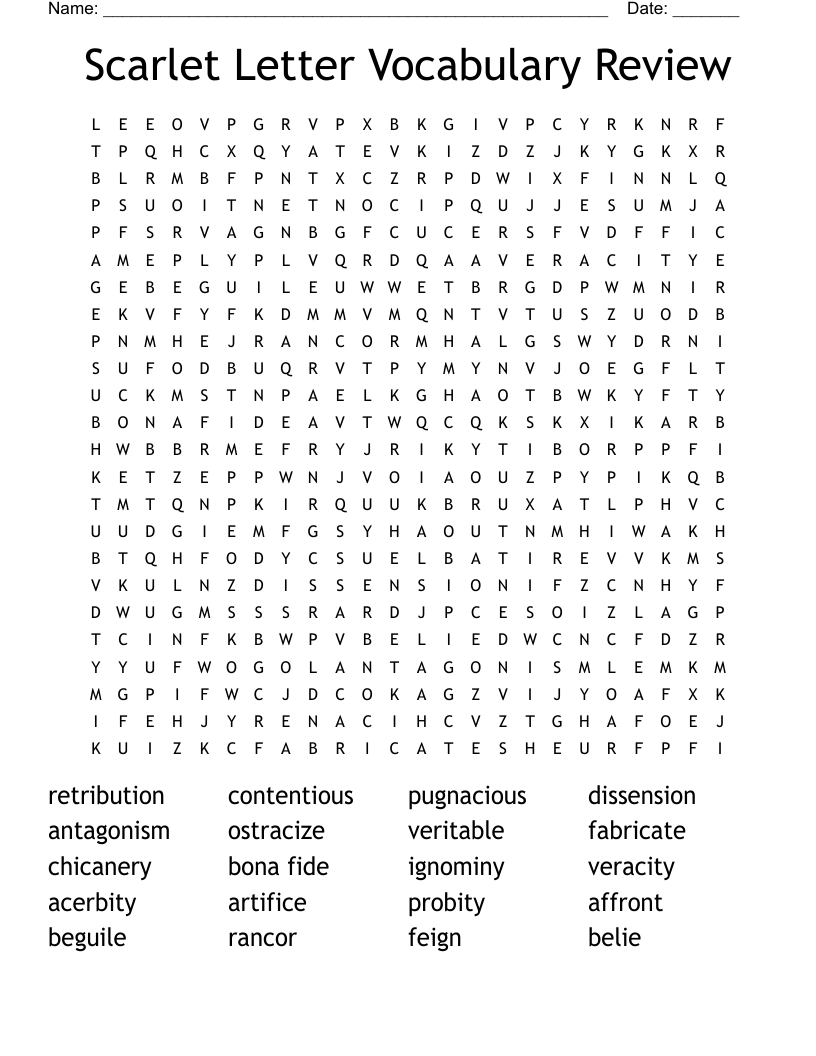 Scarlet Letter Vocabulary Review Word Search