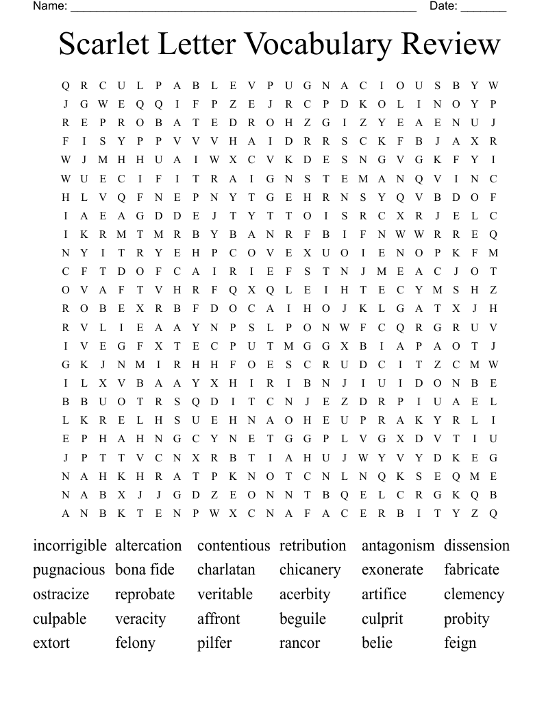Scarlet Letter Vocabulary Review Word Search