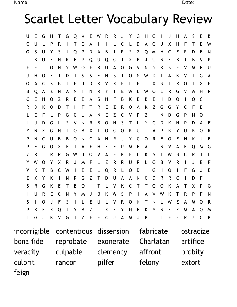 Scarlet Letter Vocabulary Review Word Search