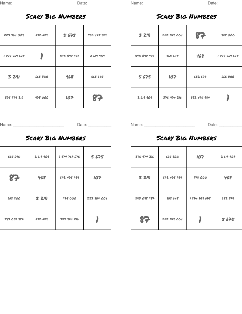 Scary Big Numbers Bingo Cards