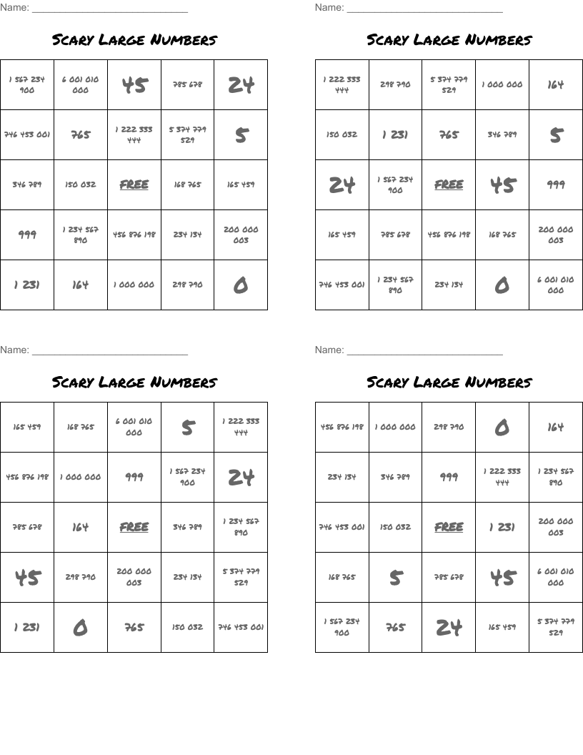 Scary Large Numbers Bingo Cards