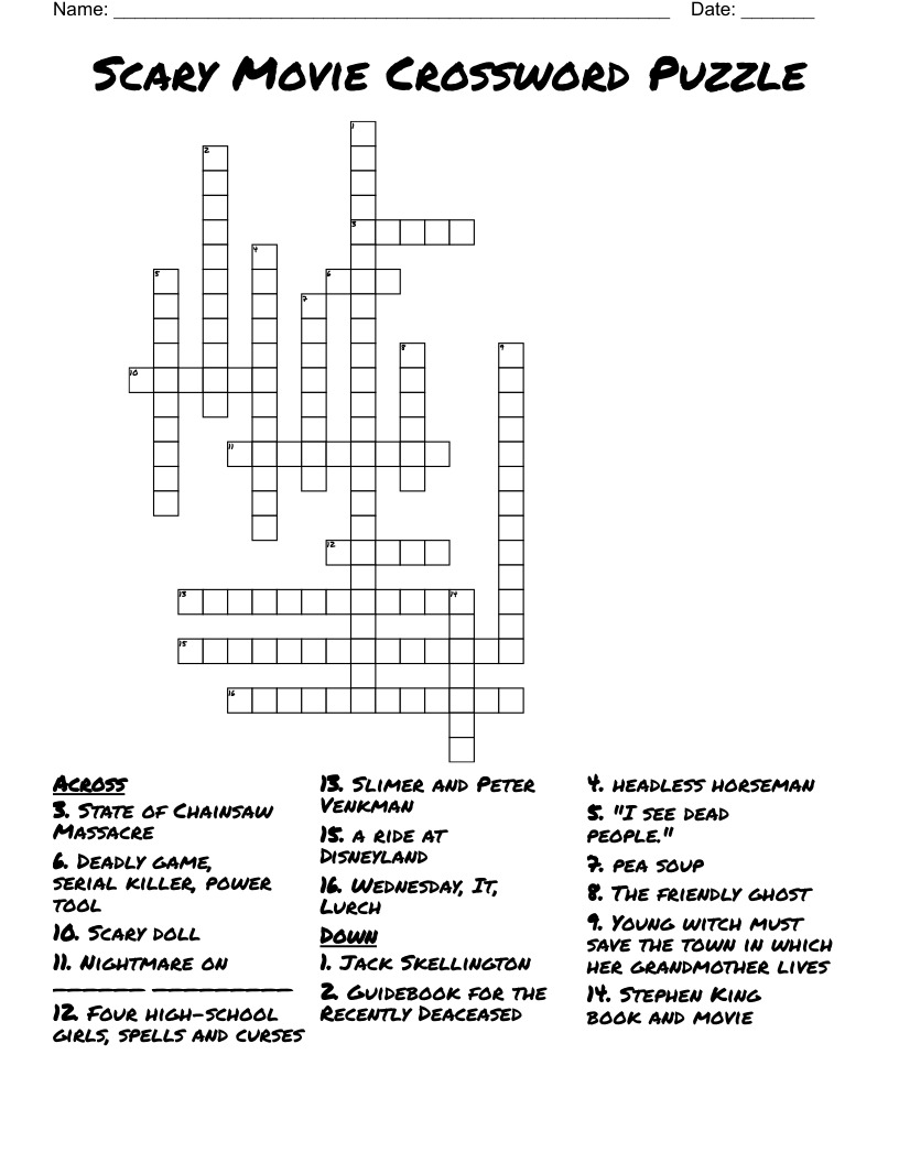 Scary Movie Crossword Puzzle