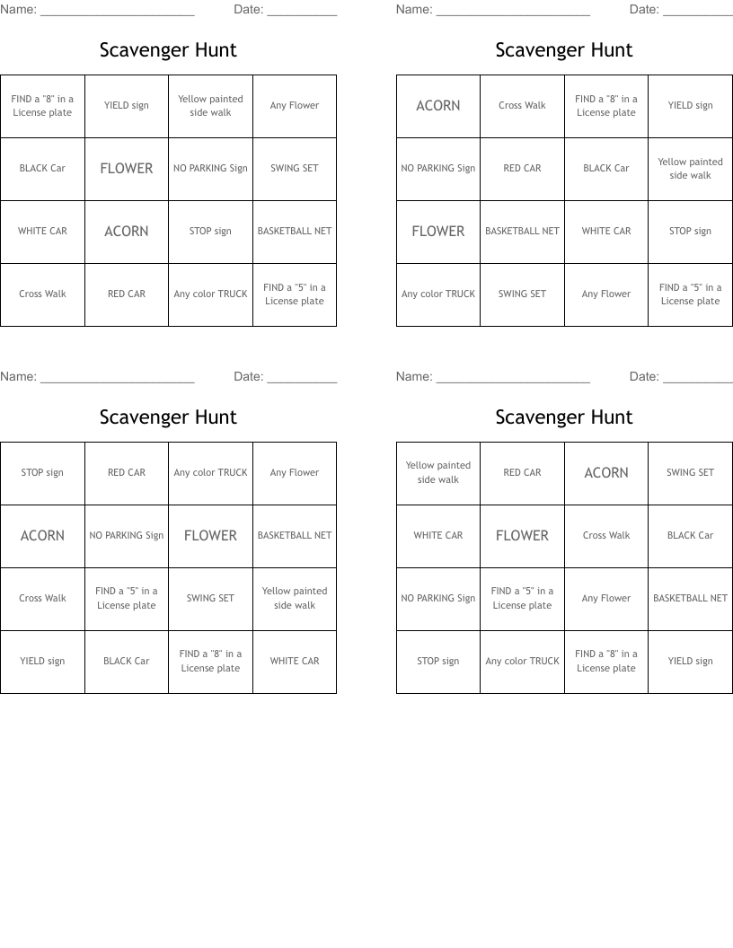 Scavenger Hunt Bingo Cards
