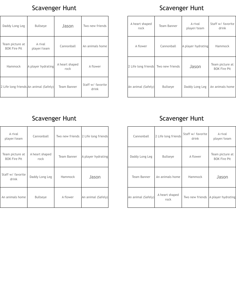 Scavenger Hunt Bingo Cards