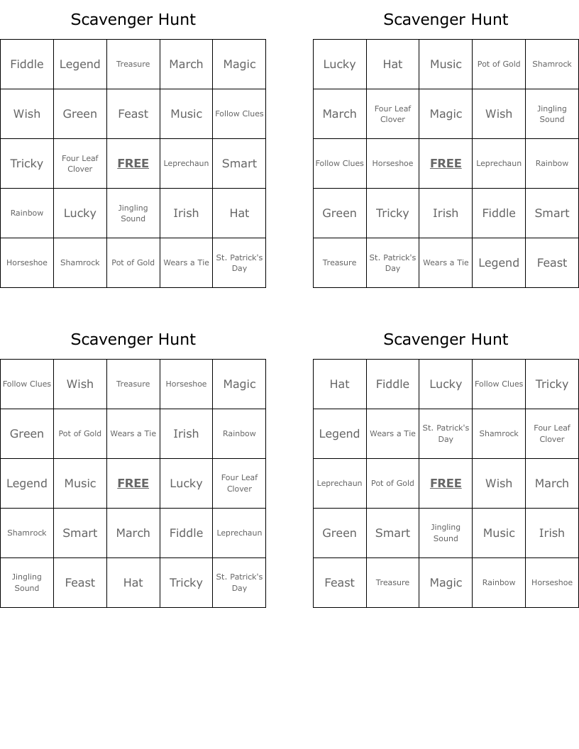 Scavenger Hunt Bingo Cards