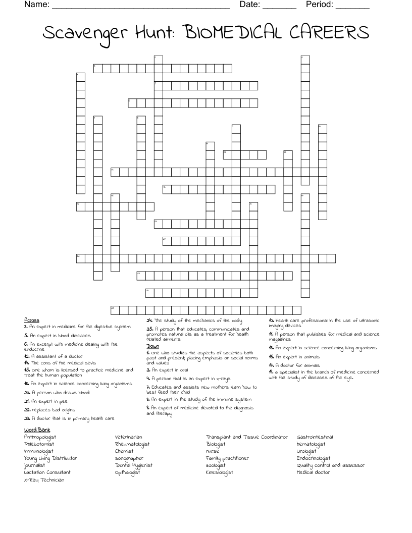 Scavenger Hunt: BIOMEDICAL CAREERS Crossword