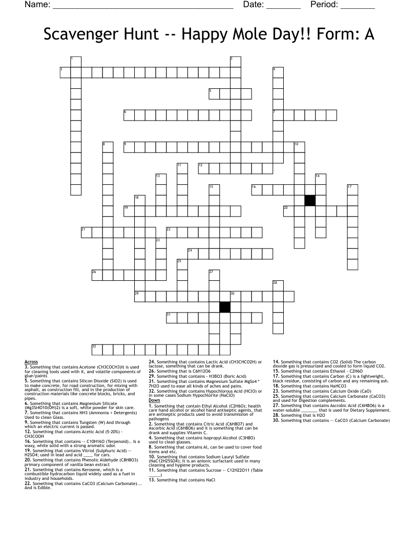 Scavenger Hunt -- Happy Mole Day!! Form: A Crossword