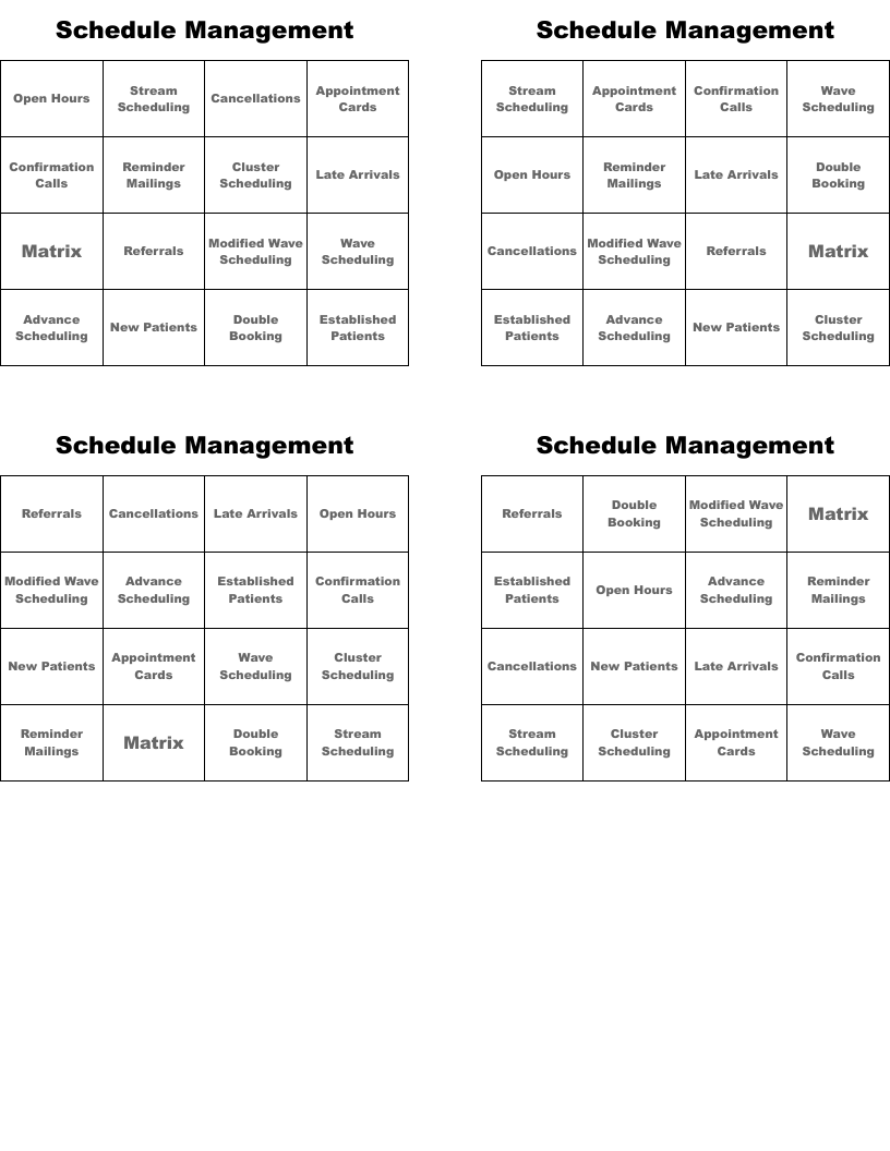 Schedule Management Bingo Cards