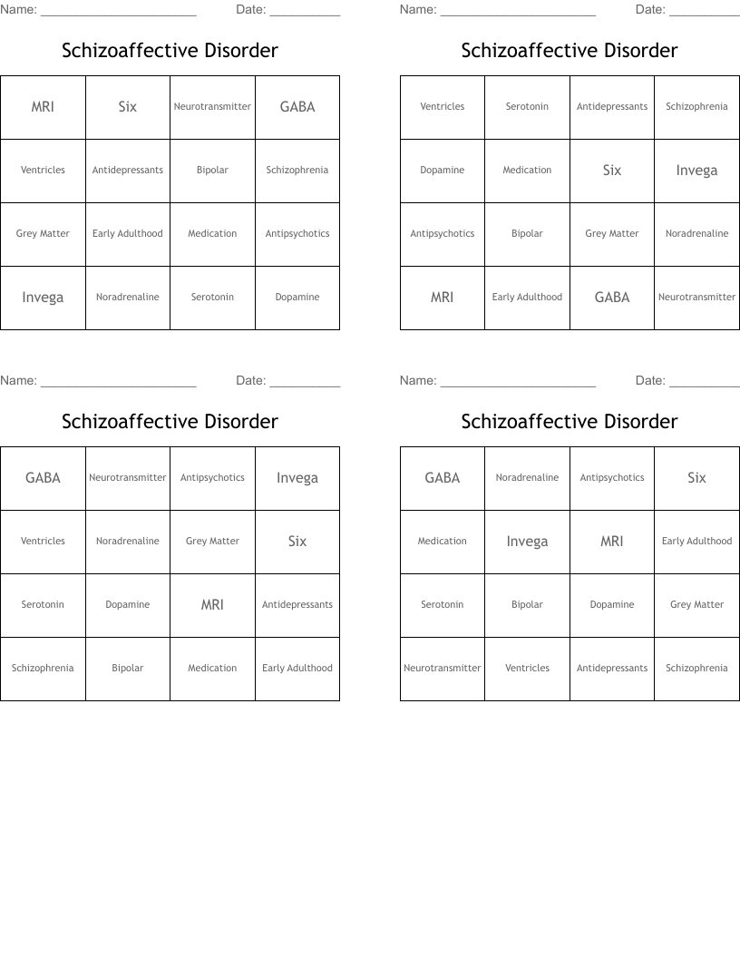 Schizoaffective Disorder Bingo Cards