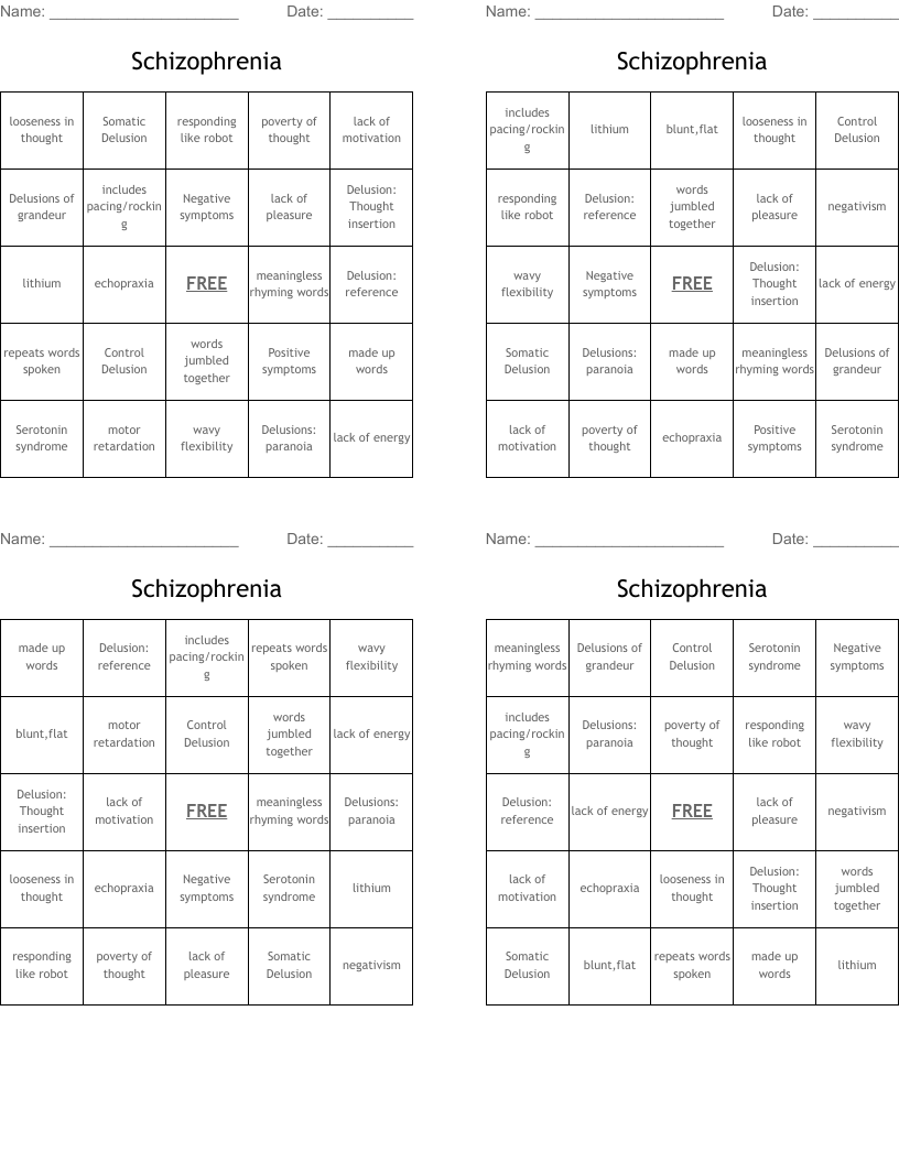 Schizophrenia Bingo Cards