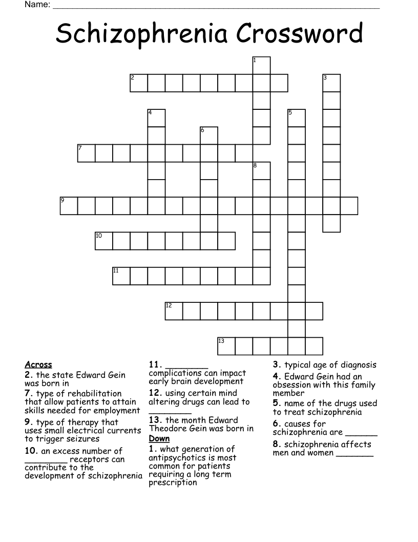 Schizophrenia Crossword