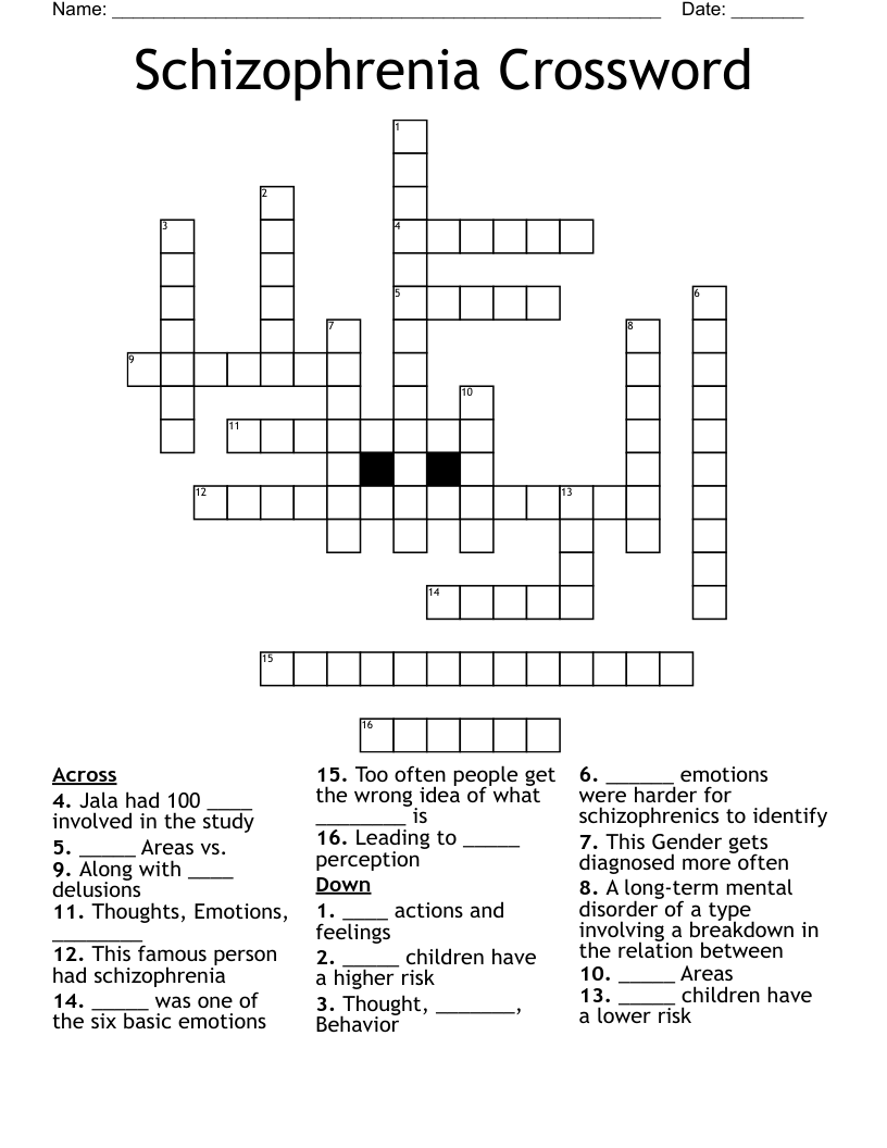 Schizophrenia Crossword