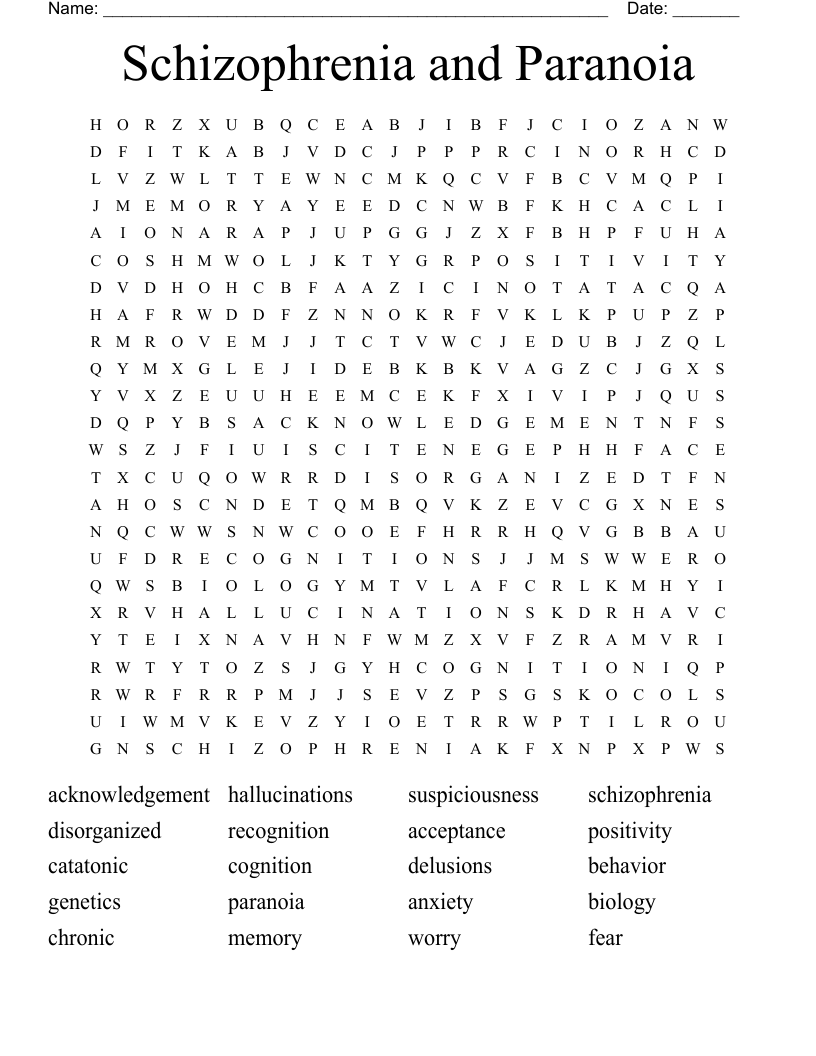 Schizophrenia and Paranoia Word Search