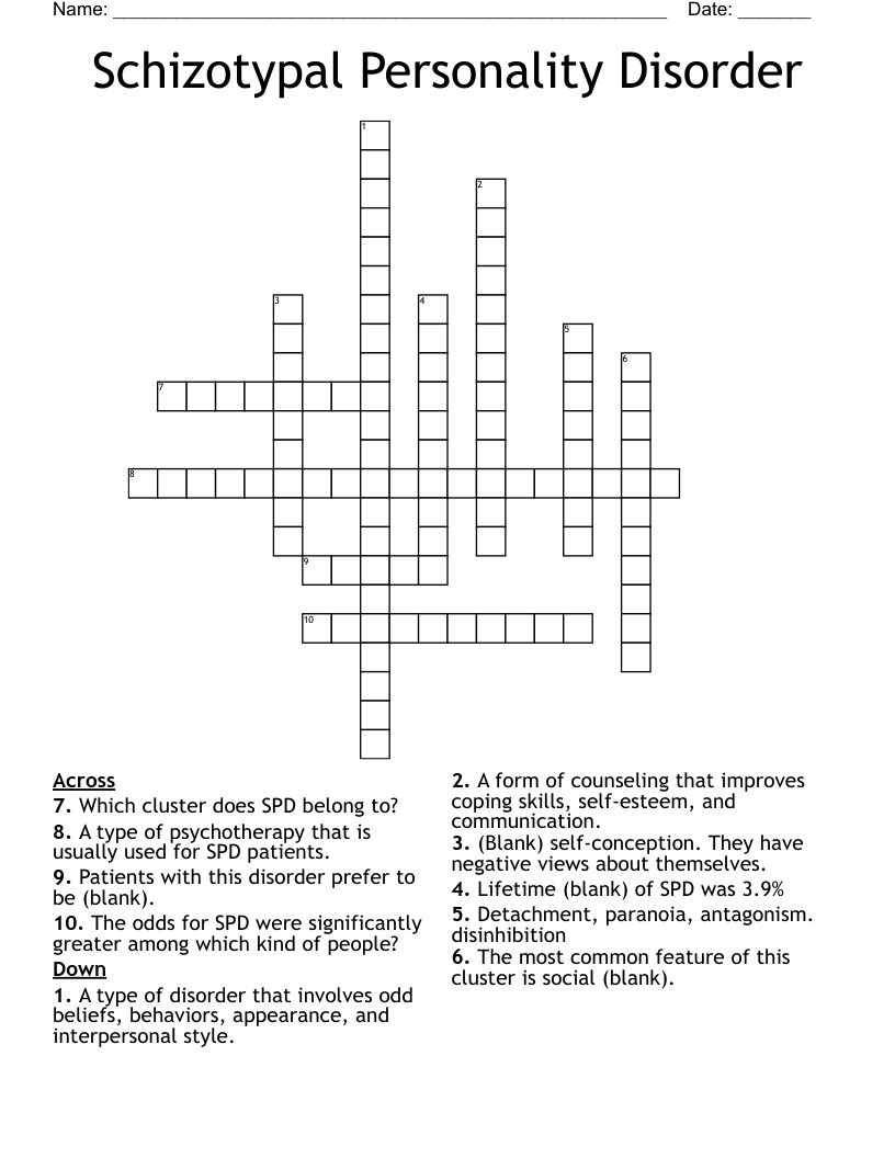 Schizotypal Personality Disorder Crossword