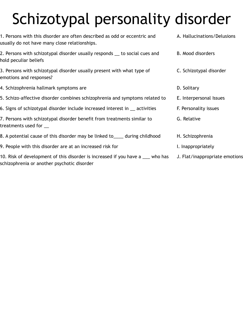 Schizotypal personality disorder Worksheet