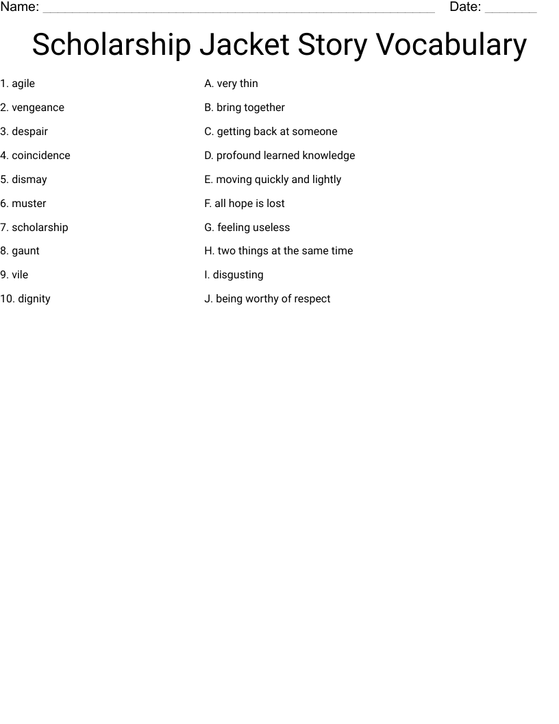 Scholarship Jacket Story Vocabulary  Worksheet