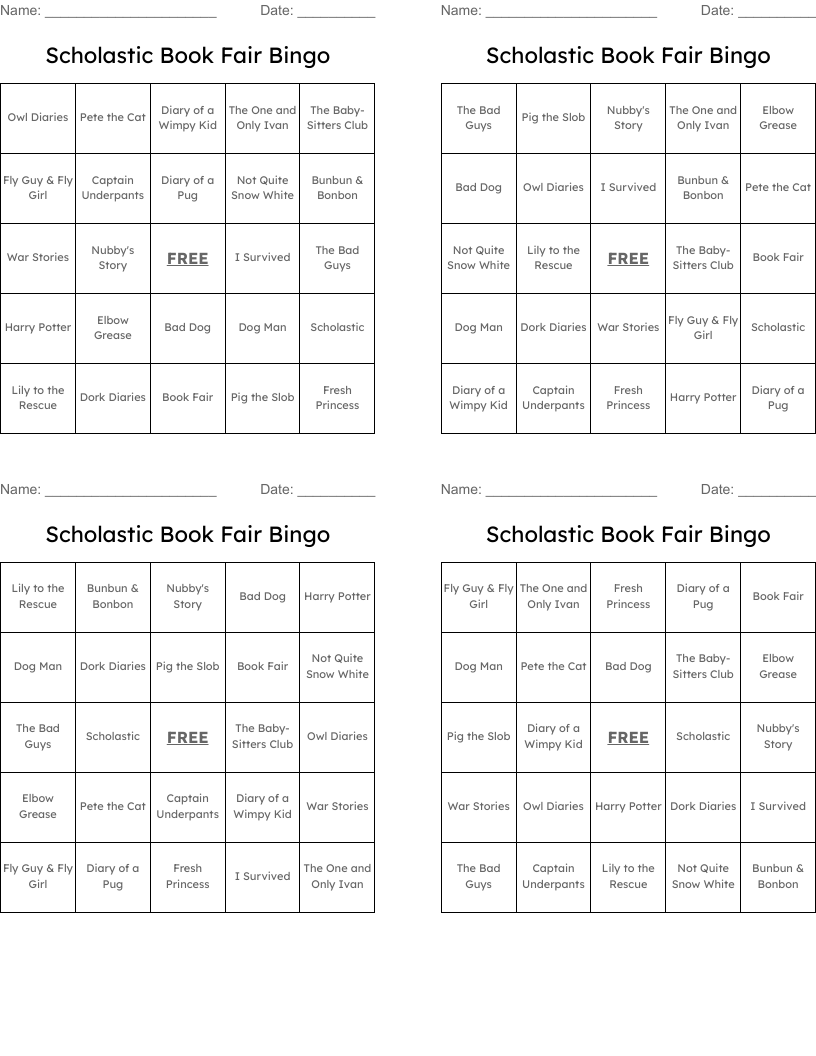 Scholastic Book Fair Bingo