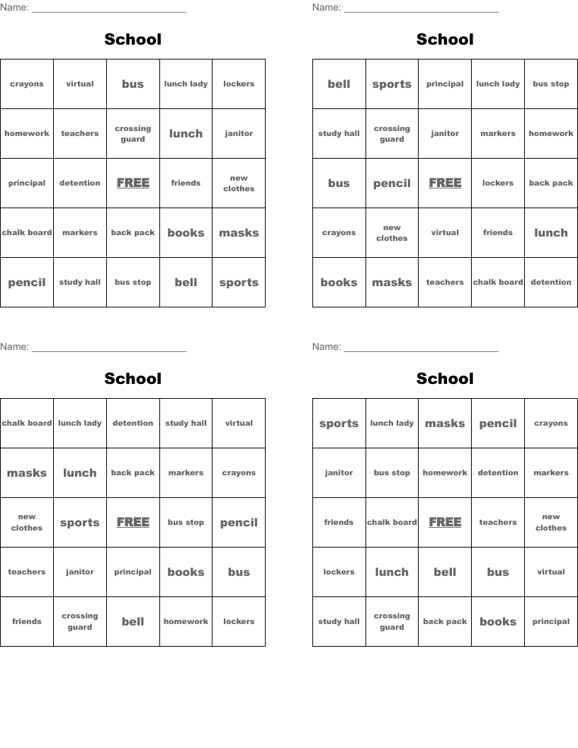 School Bingo Cards