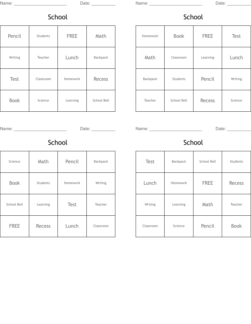 School Bingo Cards