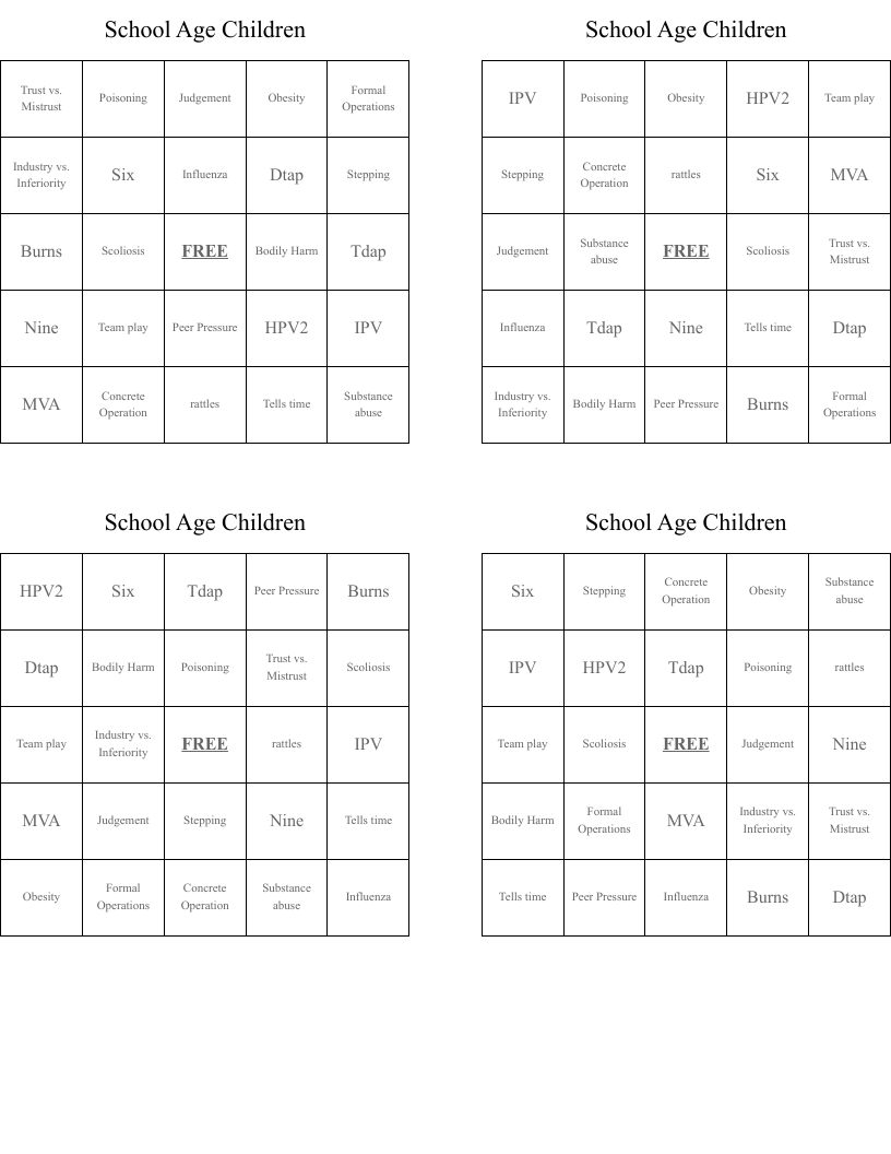 School Age Children Bingo Cards