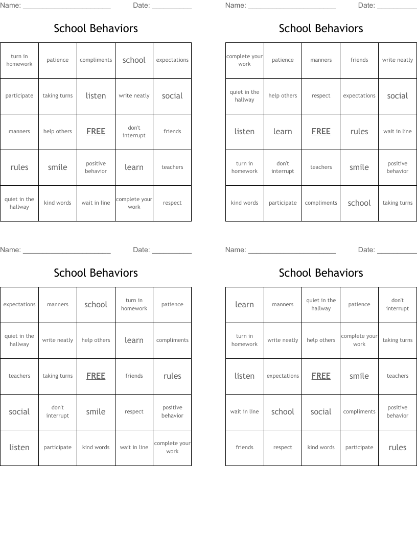 School Behaviors Bingo Cards