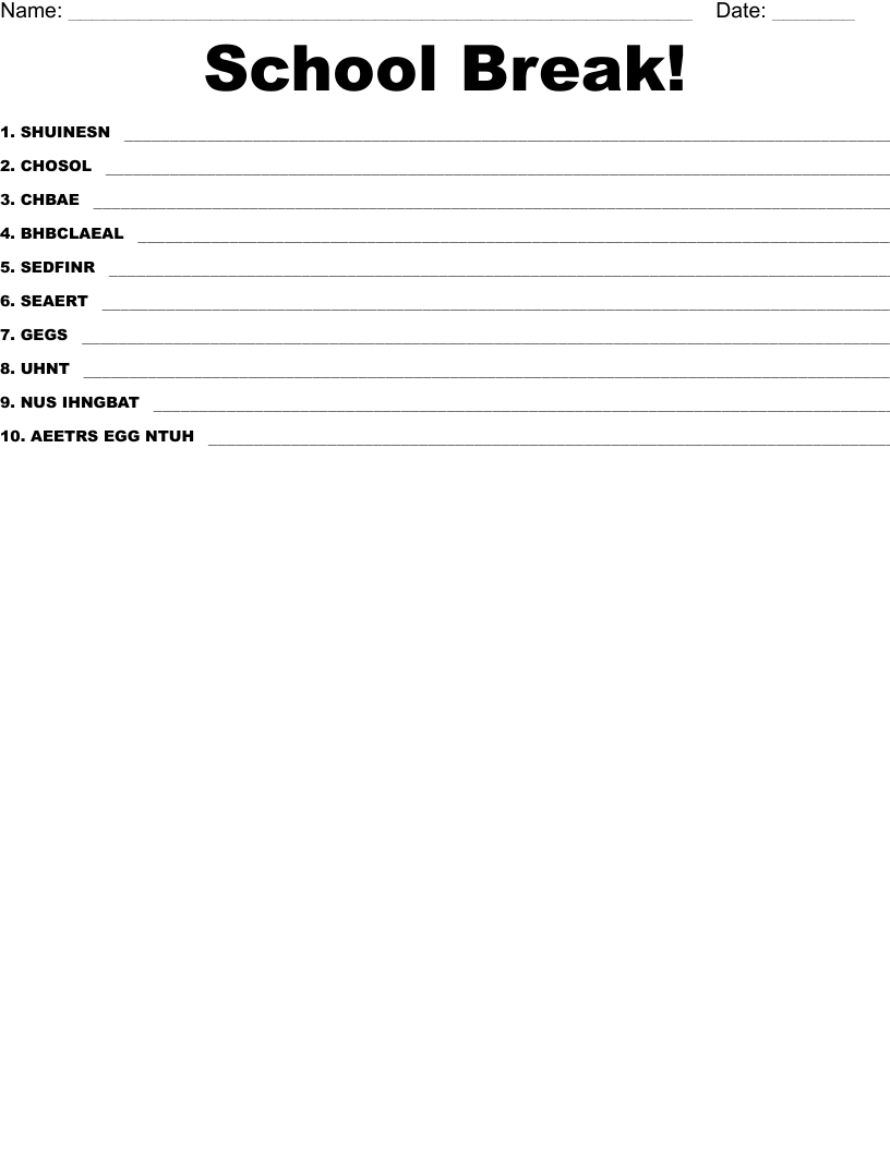 School Break! Word Scramble