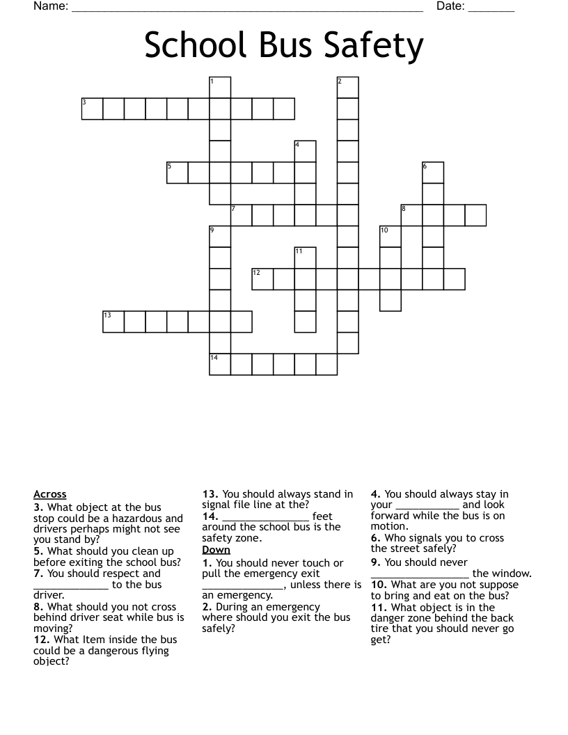 School Bus Safety Crossword
