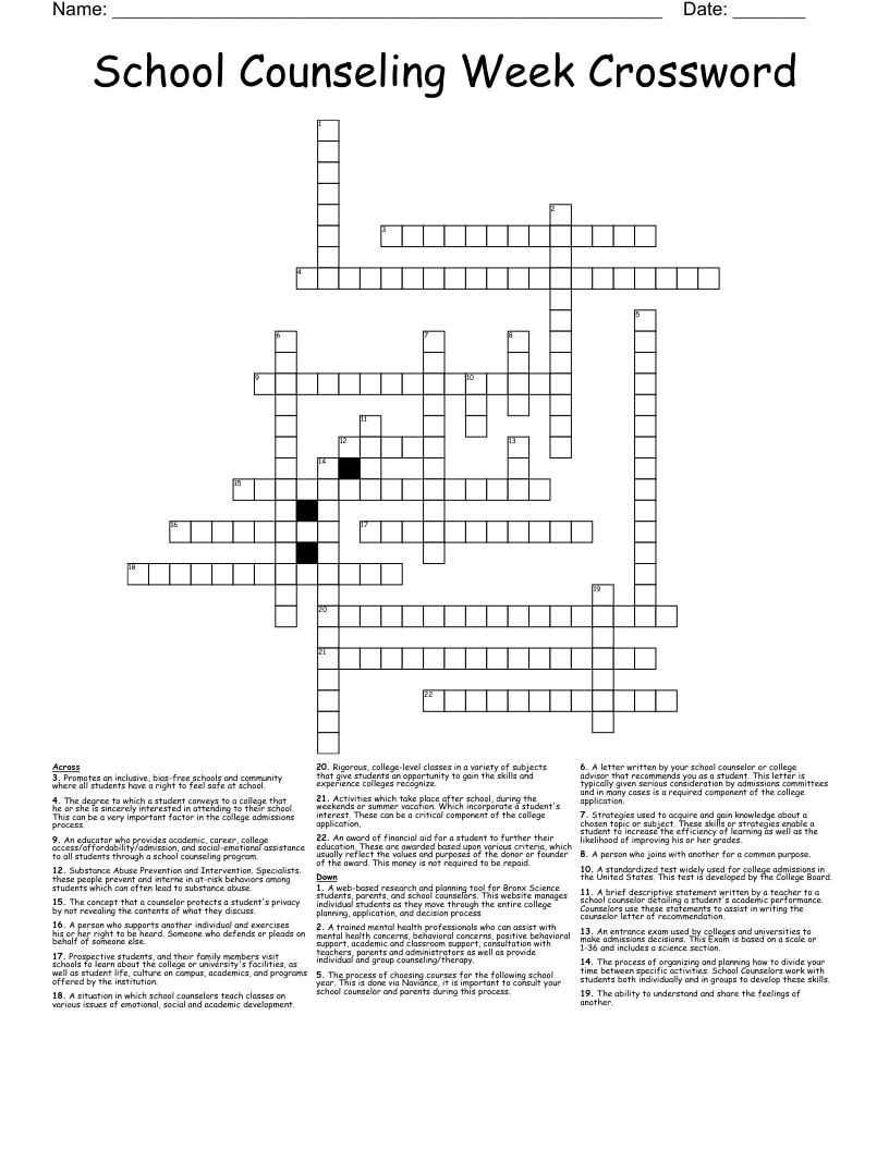 School Counseling Week Crossword