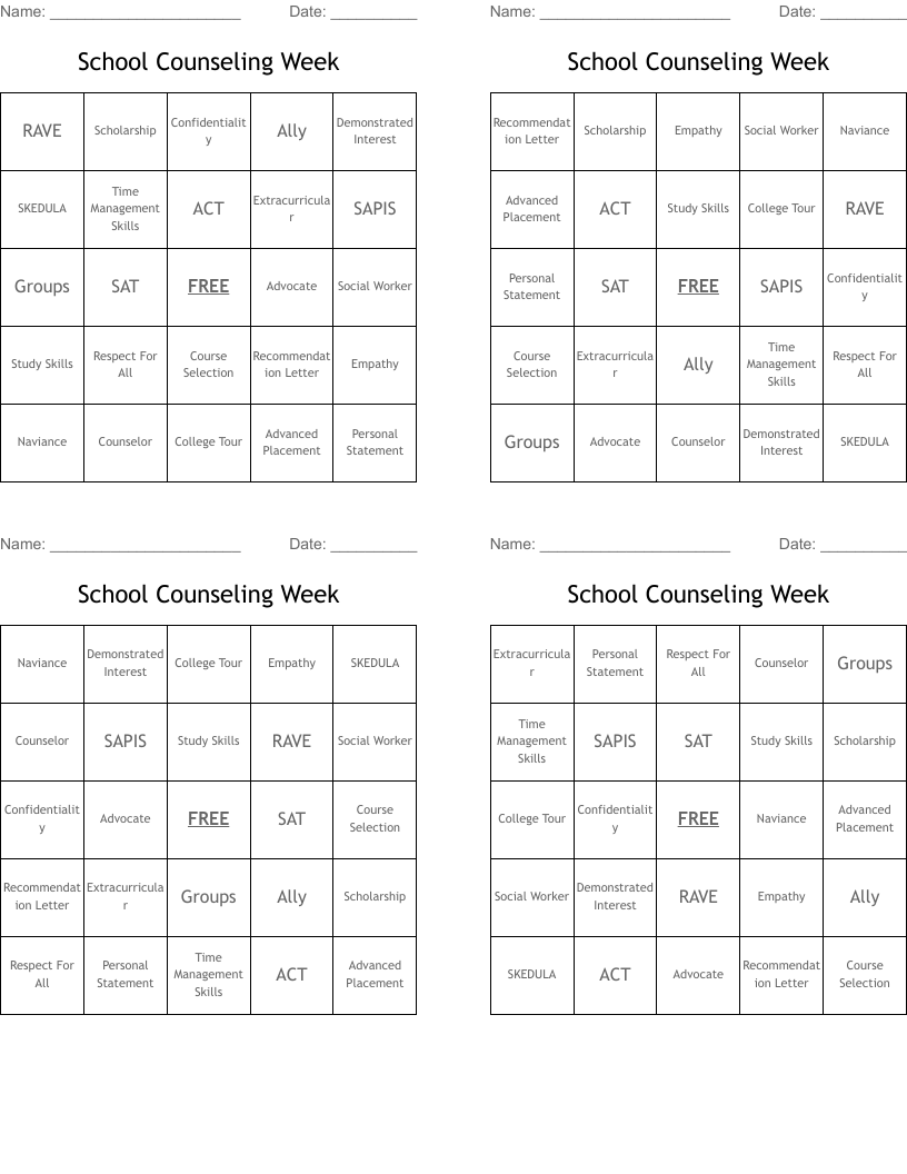 School Counseling Week  Bingo Cards