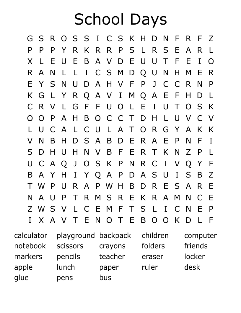 School Days Word Search