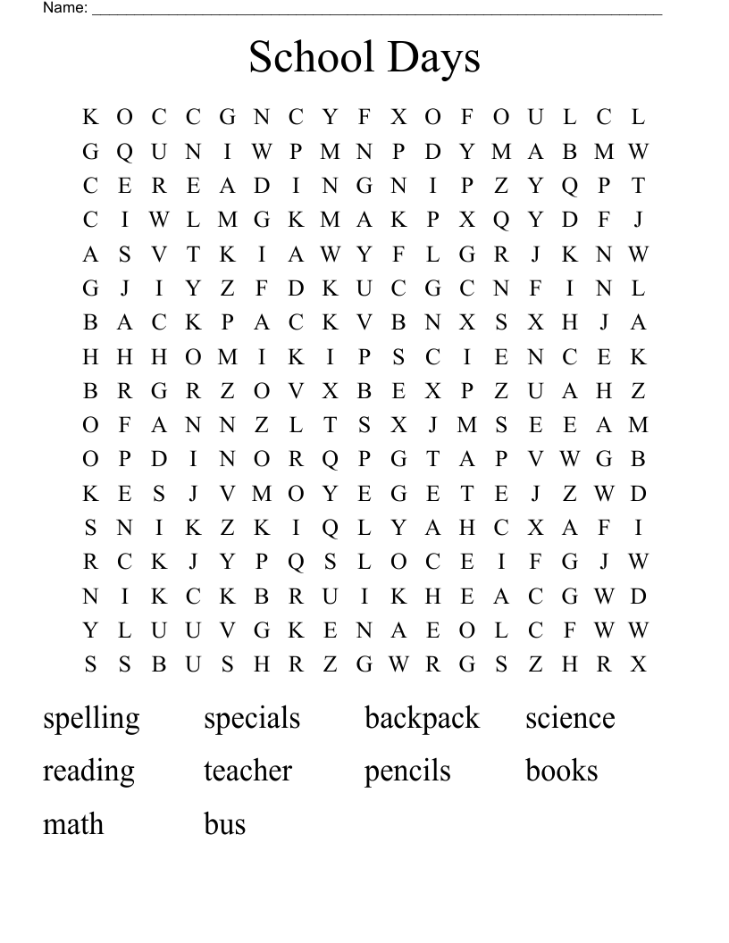 School Days Word Search