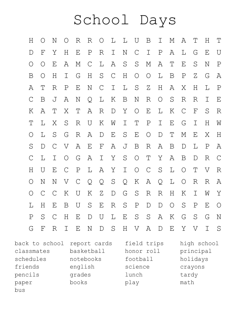 School Days Word Search