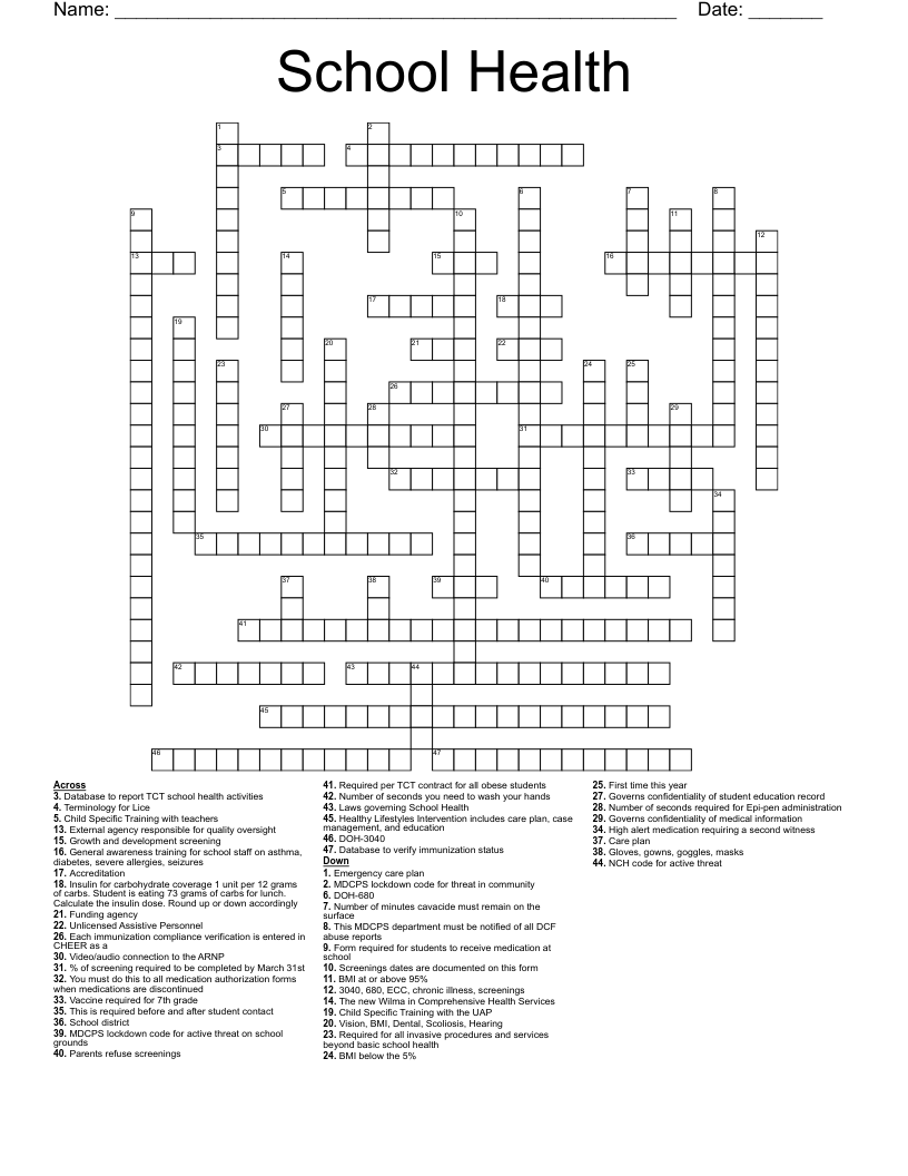 School Health Crossword