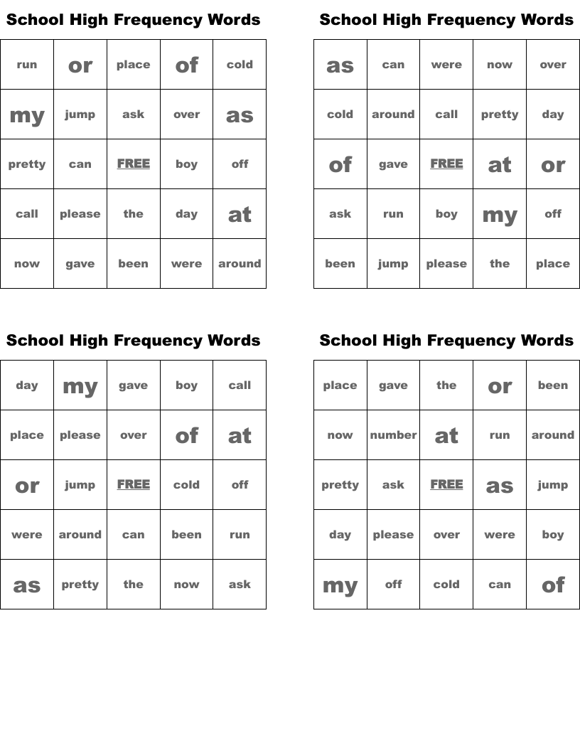 School High Frequency Words Bingo Cards