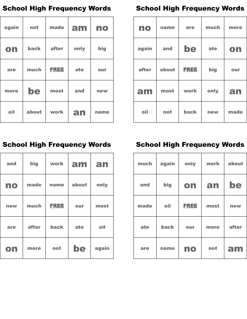 School High Frequency Words Bingo Cards