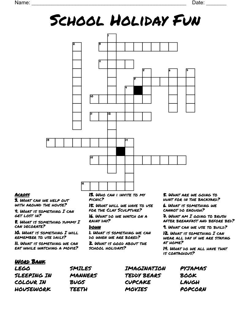 School Holiday Fun Crossword