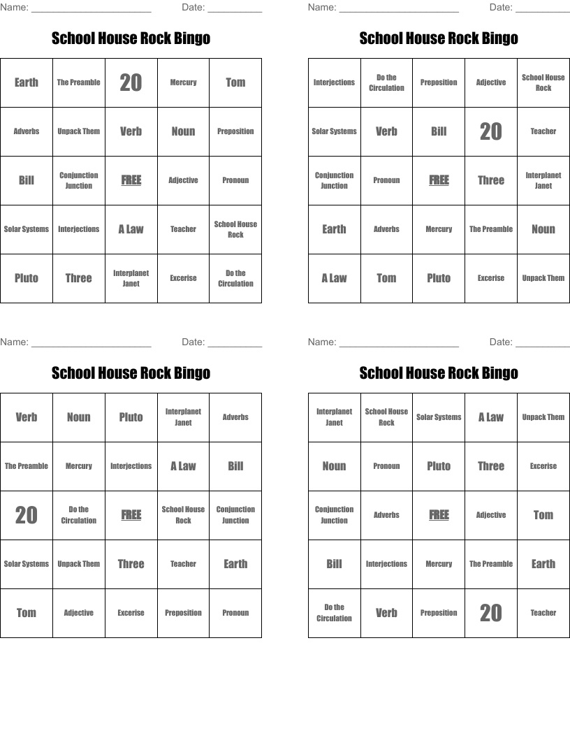 School House Rock Bingo