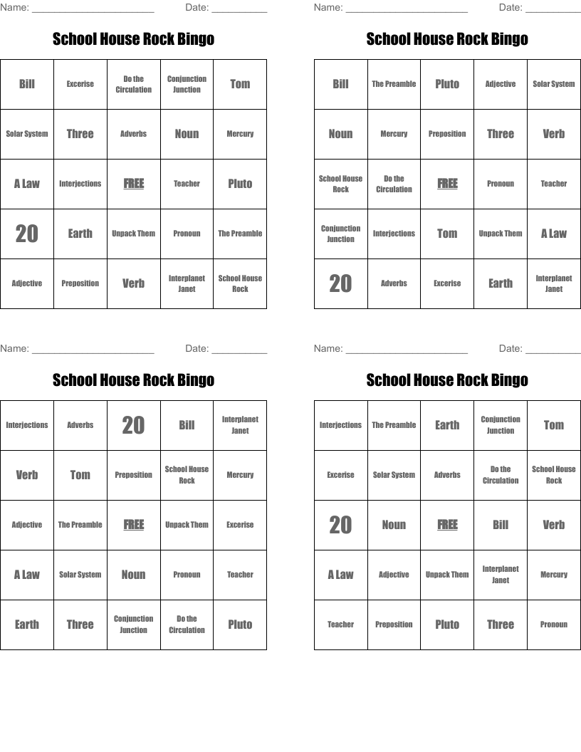 School House Rock  Bingo