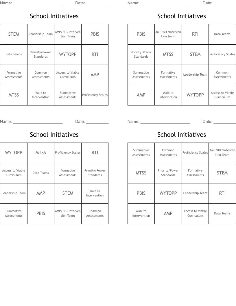 School Initiatives Bingo Cards