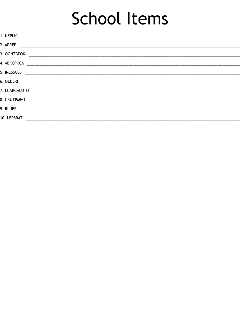 School Items Word Scramble