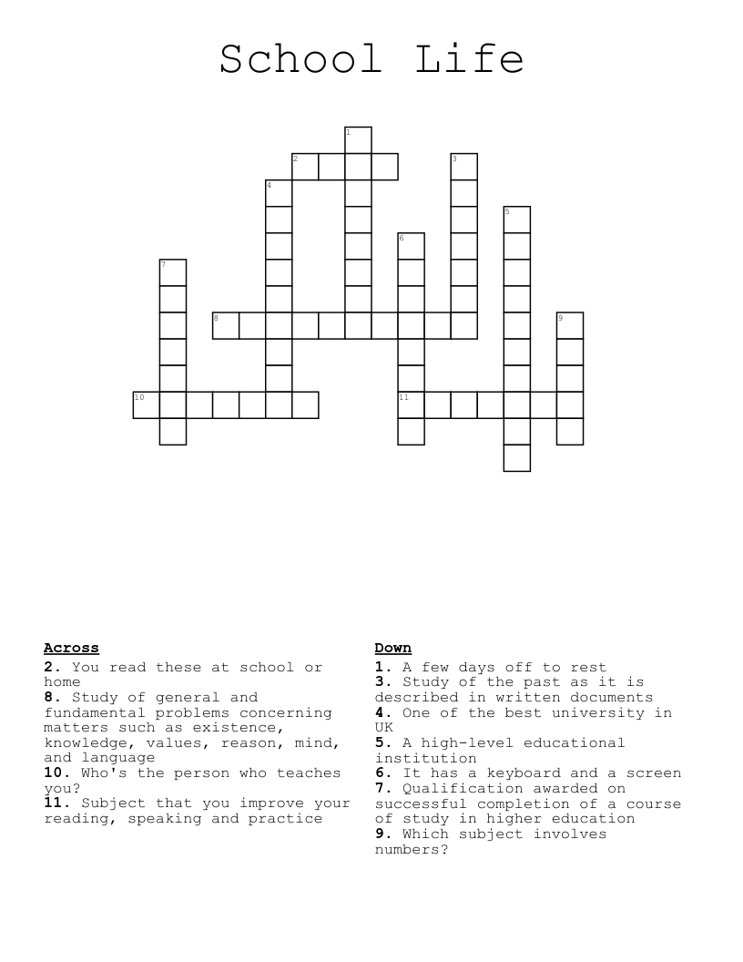 School Life  Crossword