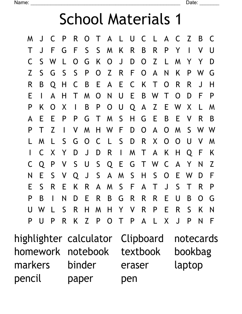 School Materials 1 Word Search