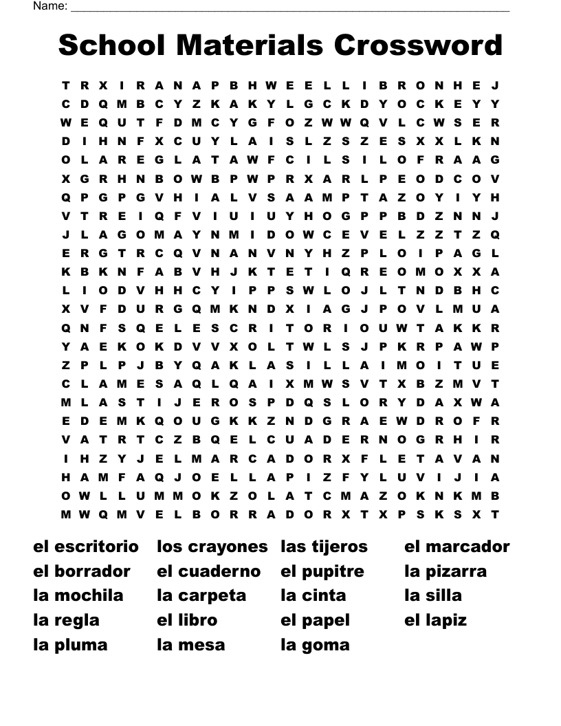 School Materials Crossword Word Search